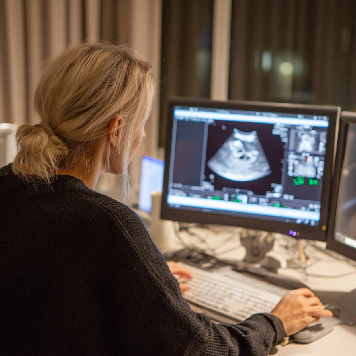 Barnmorska som beskriver en ultraljudsundersökning vid arbetsstationen